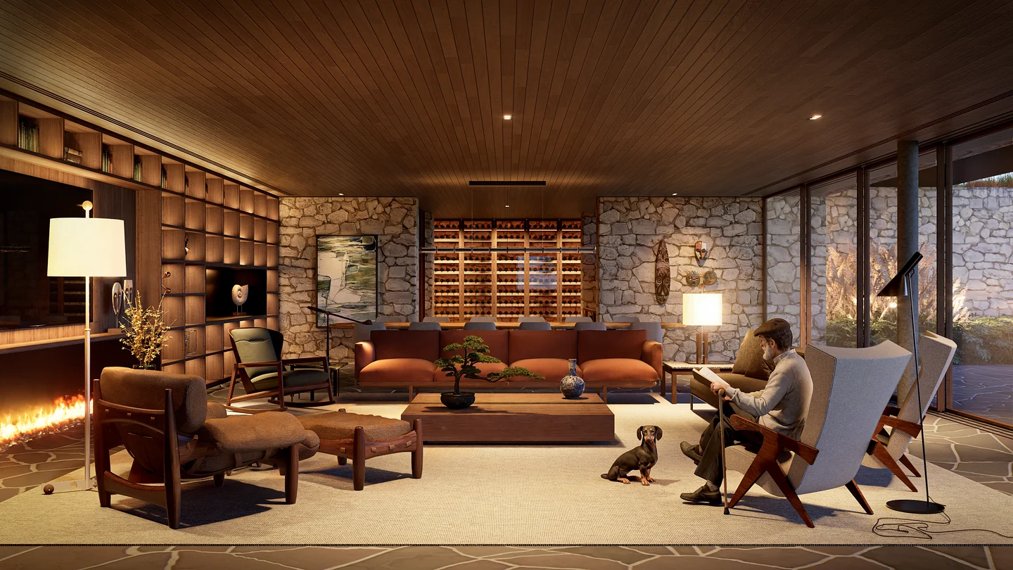 Casa Gaia, living em madeira e pedra com lareira