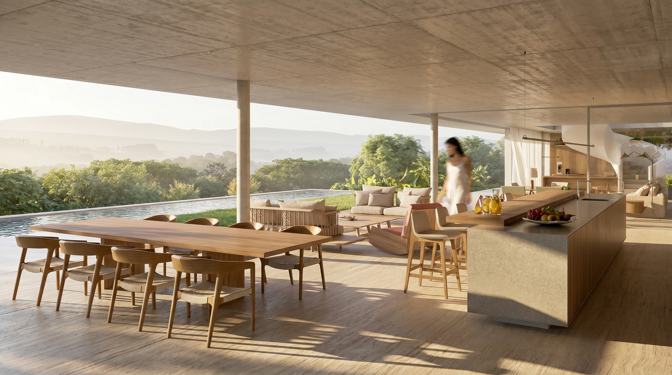 Espaço gourmet da Casa Colina aberto para a paisagem, casa de campo de alto padrão na Fazenda Boa Vista, Porto Feliz, Studio Maio