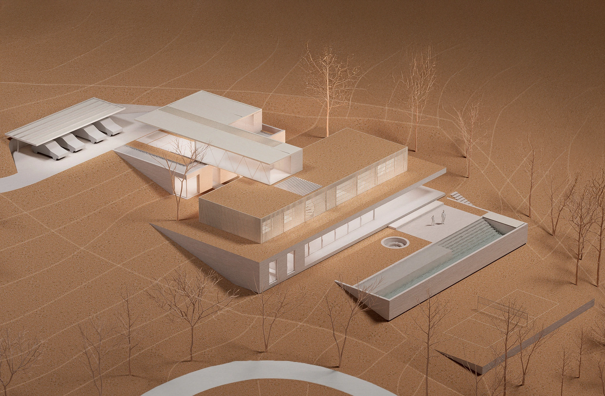 Maquete isométrica de estudo da Casa Colina, implantação e volumes do projeto residencial de alto padrão em Porto Feliz, Studio Maio