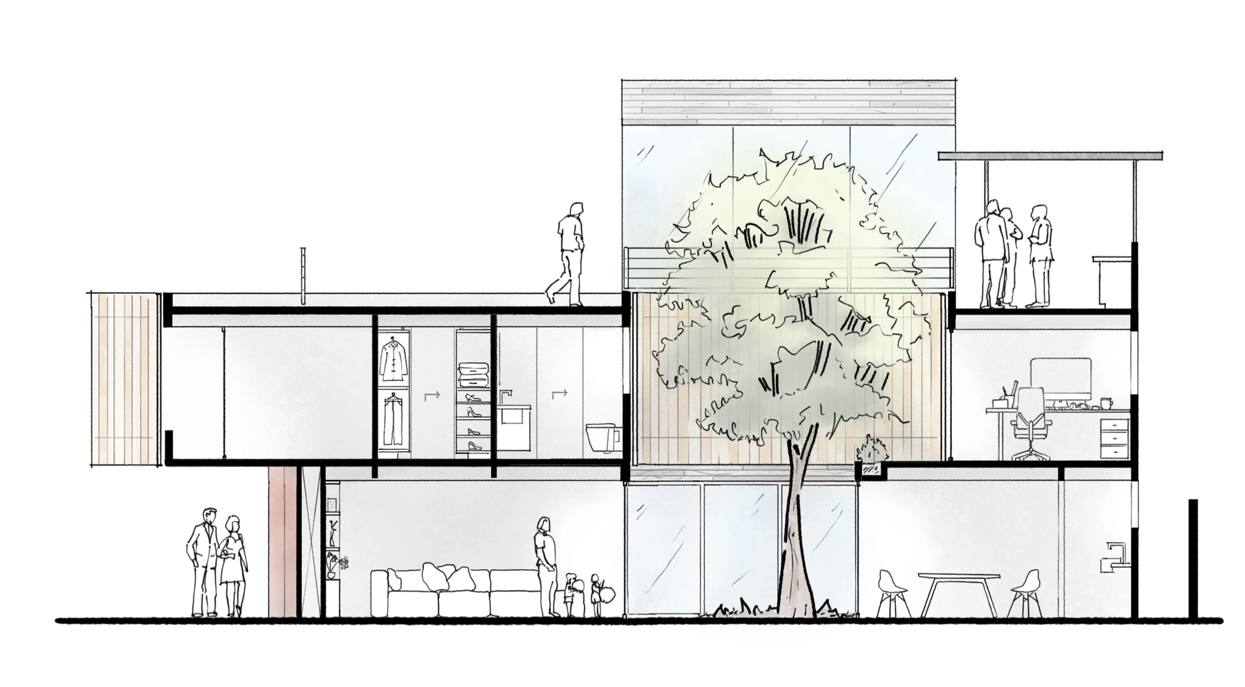 Corte de estudo de projeto residencial, relação entre os pavimentos e o pátio com árvore, Studio Maio