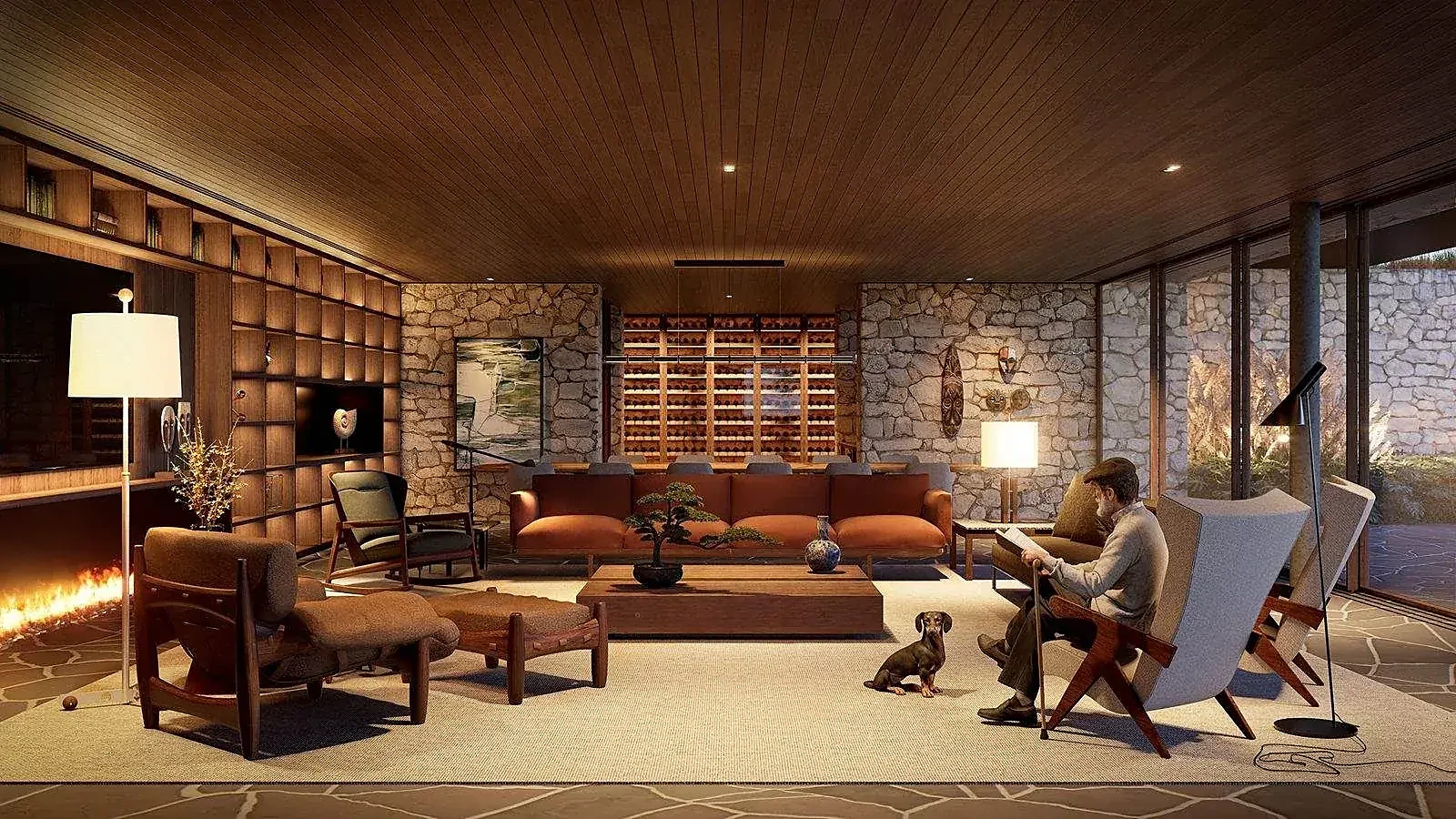 Casa Gaia, sala de estar em madeira e pedra