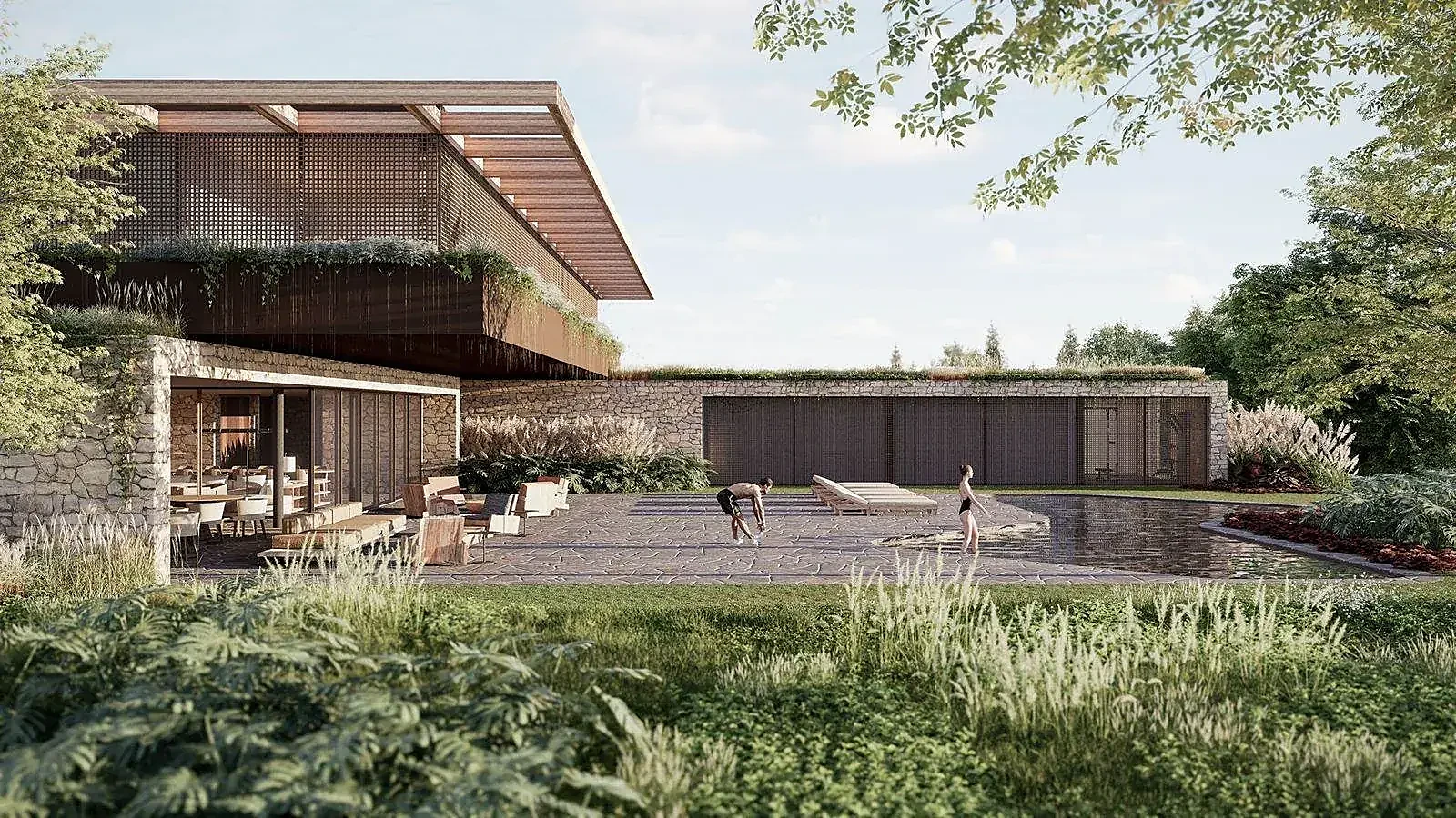 Casa de campo de alto padrão ao entardecer, piscina e área externa integradas, projeto Studio Maio Porto Feliz