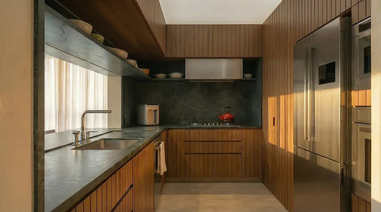 Bancada em pedra e marcenaria sob medida, interiores residenciais Studio Maio