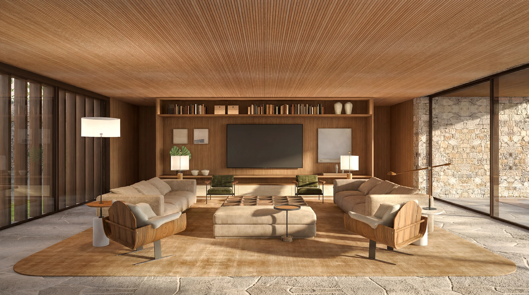 Projeto de interiores residenciais, living com pé-direito generoso e forro de madeira, Casa Silente