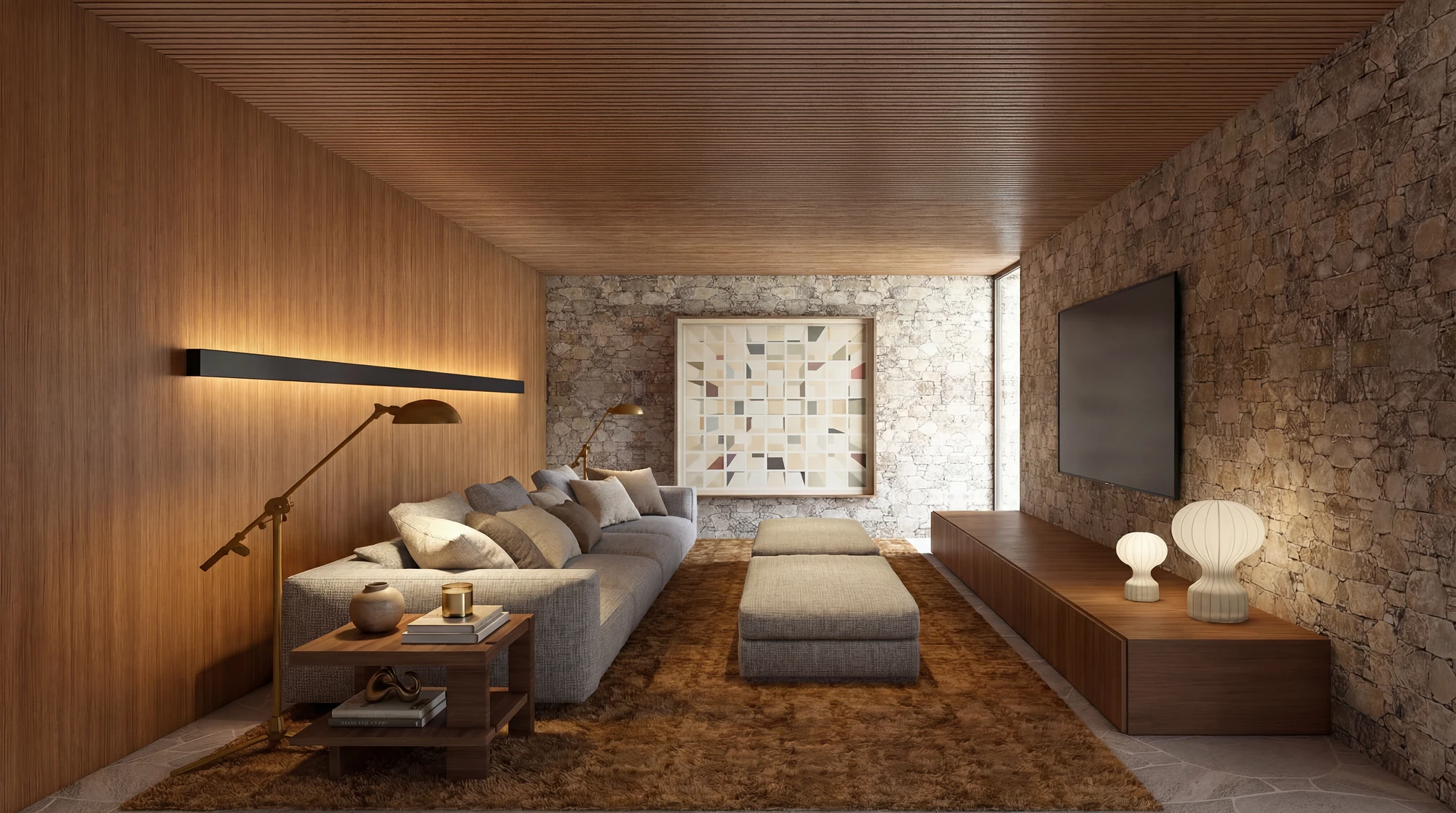 Sala íntima revestida em pedra, design de interiores de alto padrão