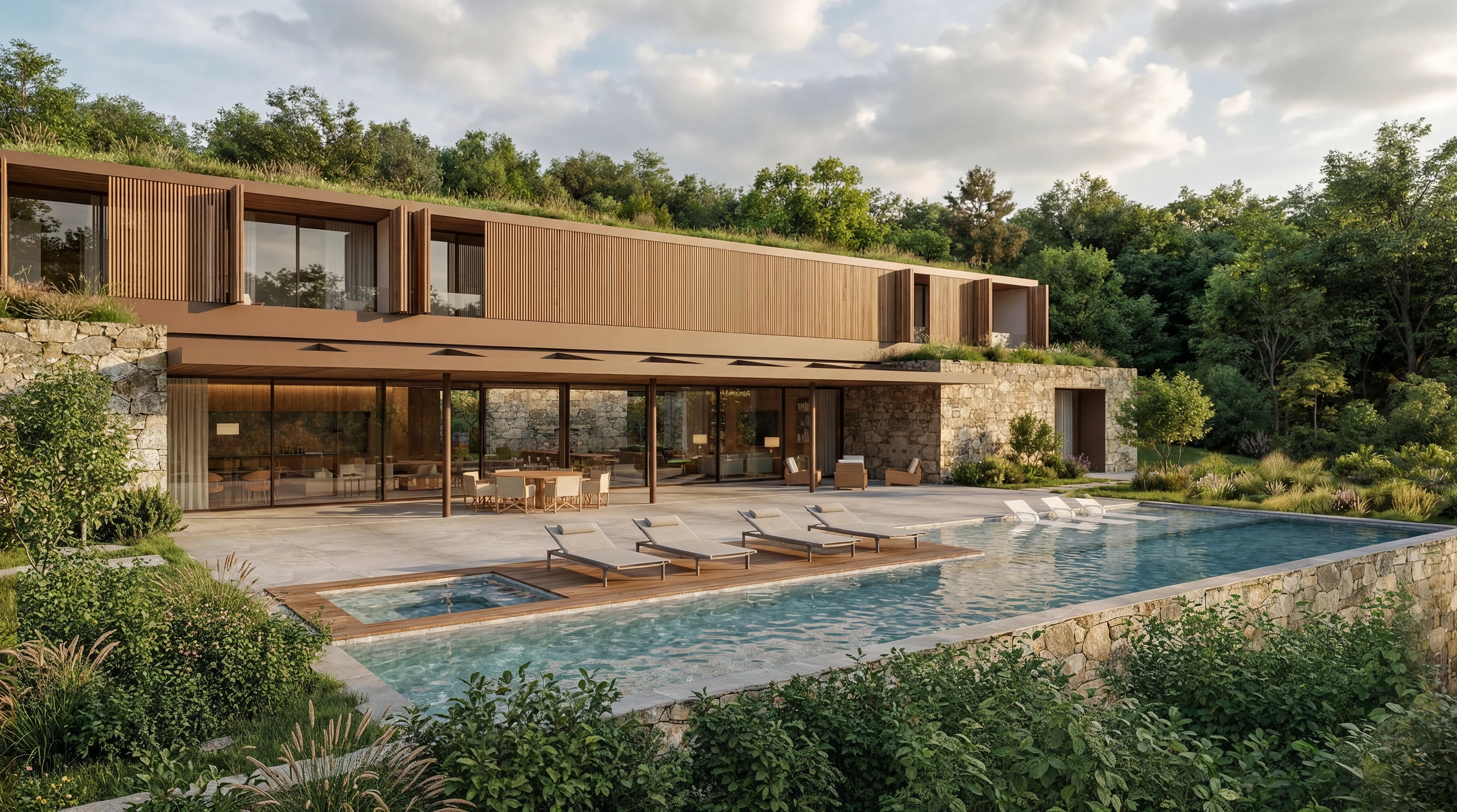 Casa de campo de alto padrão com piscina ao entardecer, arquitetura residencial Itupeva São Paulo
