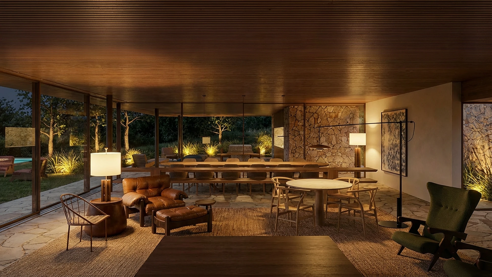 Living à noite com iluminação quente, design de interiores residenciais Studio Maio