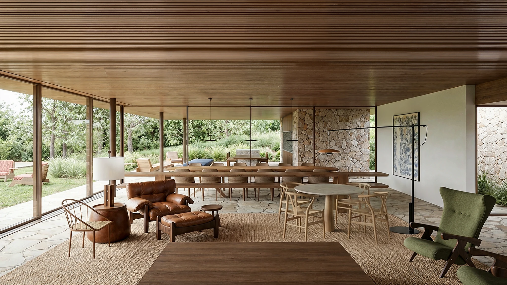 Projeto de interiores, sala de estar e jantar integradas com forro de madeira, Casa Tetris
